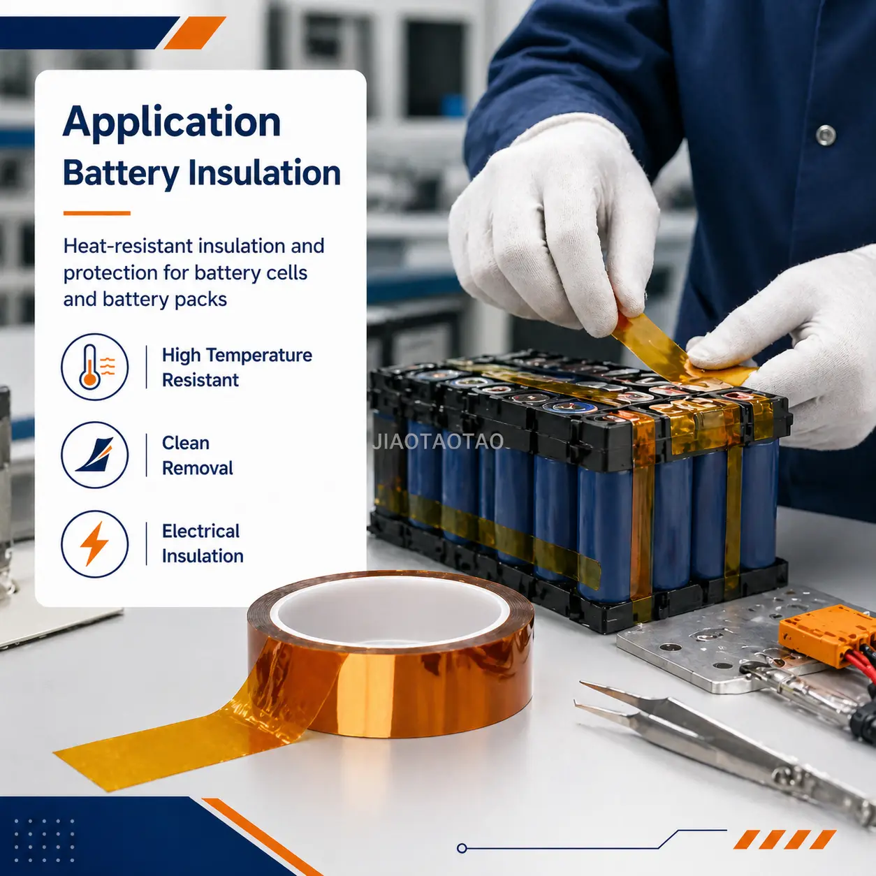 Polyimide tape 0.05mm x 20mm for battery insulation, PCB protection, and electronics assembly.